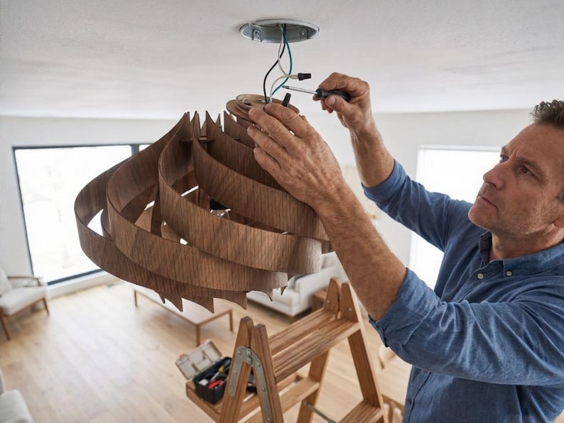 May include: A person fitting a wooden pendant light. The light fitting has a layered, swirling design with a natural wood finish. The person is using a screwdriver to connect the wires to the ceiling fixture. A wooden ladder and toolbox are also visible.