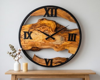Reloj de pared grande de madera de olivo, marco de metal, decoración de pared rústica moderna.