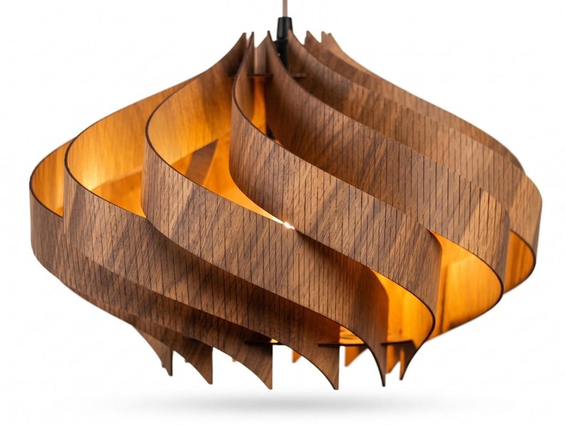 May include: A wooden pendant light. The light features a distinctive design with layered, curved wooden slats in a warm brown hue, forming a spiral. The interior emits a warm glow, creating a cosy atmosphere. The light hangs from a brown cord.