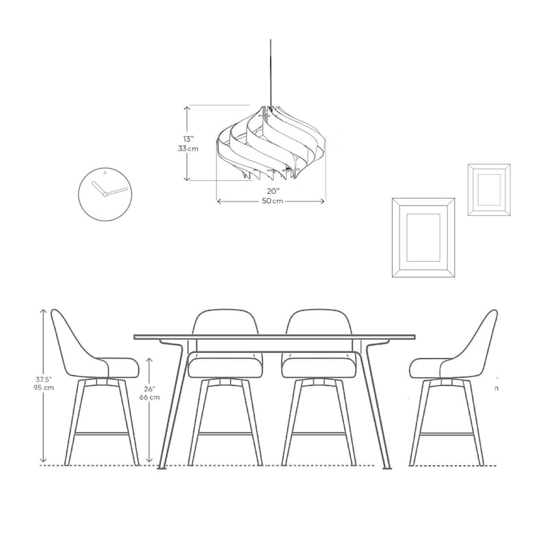 May include: Line drawing of a dining room set with a light fixture, table, and chairs. The light fixture is 33 cm high and 50 cm wide. The chairs are 95 cm high, and the table is 66 cm high. Includes a clock and framed art.