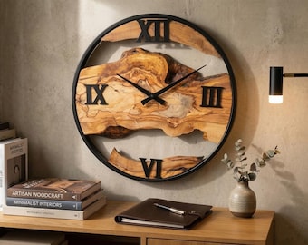 Reloj de pared grande de madera de olivo, marco de metal, decoración de pared rústica moderna.