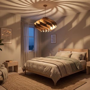 May include: A bedroom with a wooden bed, bedside tables, and a decorative wooden pendant light. The light creates a spiral pattern on the ceiling. A potted plant and artwork enhance the room's decor. The bed has neutral-toned bedding.
