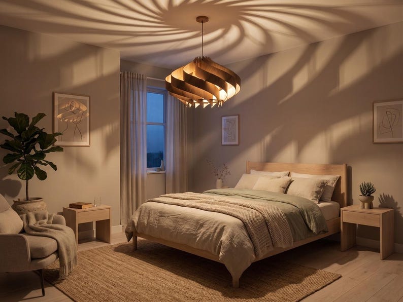 May include: A bedroom with a wooden bed, bedside tables, and a decorative wooden pendant light. The light creates a spiral pattern on the ceiling. A potted plant and artwork enhance the room's decor. The bed has neutral-toned bedding.