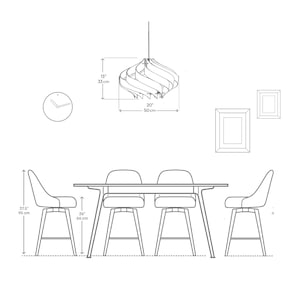 May include: Line drawing of a dining room set with a light fixture, table, and chairs. The light fixture is 33 cm high and 50 cm wide. The chairs are 95 cm high, and the table is 66 cm high. Includes a clock and framed art.