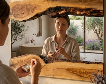 Espejo artesanal de madera de olivo con borde natural para baño y decoración rústica del hogar.