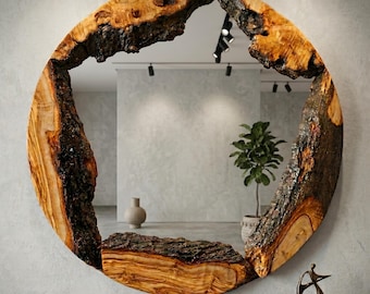 Espejo redondo de madera de olivo con borde natural, hecho a mano, para decoración rústica del hogar.