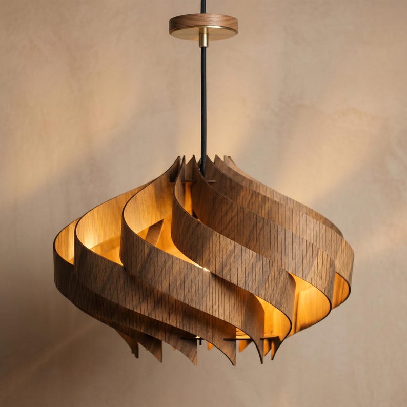 May include: A wooden pendant light with a distinctive, layered design. The light is constructed from curved wooden slats, forming a swirling, open shape. It has a warm, natural wood colour and hangs from a black cord. The fixture's dimensions are not visible.