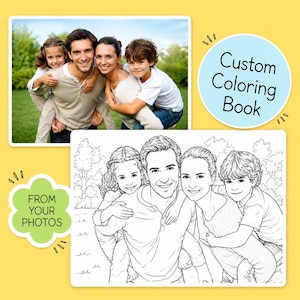 May include: A custom coloring book featuring a family portrait. The image includes a color photograph and a black and white line drawing of the same family. Text on the image reads "Custom Coloring Book" and "From Your Photos."