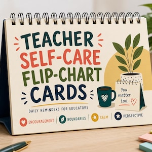 Puede incluir: Un calendario de escritorio con espiral y cubierta color crema que muestra el texto "TEACHER SELF-CARE FLIP-CHART CARDS" en letras grandes y coloridas. El diseño incluye una planta verde en maceta, una taza verde oscuro y una tarjeta "You matter too."