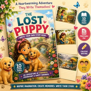 May include: A children's storybook titled The Lost Puppy Write Your Own Story Book featuring a girl and a puppy on the cover. The book includes 10 story pages, printable PDF options, creative writing prompts, and is intended for ages 5-10.