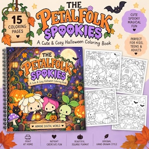 May include: A square spiral-bound coloring book titled The Petalfolk Spookies, featuring a colorful Halloween cover with cartoon characters, pumpkins, and lanterns, alongside four black and white coloring page samples showing similar scenes.