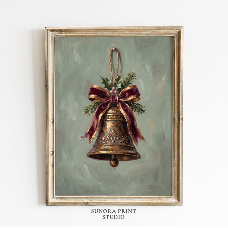 Antique Gold Bell Painting | Sage Green Holiday Decor | Digital ...