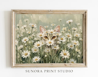 Cottagecore Cat in Daisy Field Oil Painting | Impressionist Art Print (Digital Download)