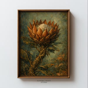 Olieverfschilderij van een koningsprotea, vintage botanische muurdecoratie, print in aardetinten