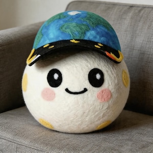 May include: A plush, round, white moon character wearing a blue and green Earth-themed baseball cap. The moon has black eyes, a smiling mouth, and pink cheeks. Yellow spots are scattered across the moon's surface.