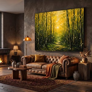 May include: A large rectangular oil painting depicting a sunlit forest path with vibrant yellow and green tones, mounted on a dark wall above a brown tufted leather sofa. The artwork features thick, textured brushstrokes and a bright golden light.