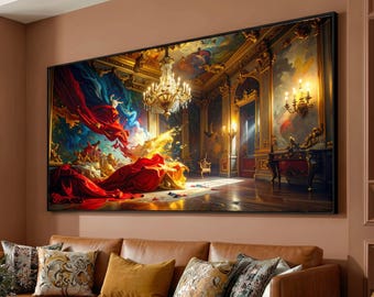May include: A large framed artwork depicting a grand, ornate ballroom scene. The painting features a chandelier, gold accents, and figures with flowing red fabric. The color palette includes reds, blues, golds, and yellows, creating a dramatic and luxurious feel.