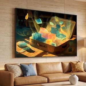 Lienzo vintage con maleta abierta, arte mural de piedras brillantes mágicas, decoración fantástica para el hogar, ilustración de luz cálida, impresión en lienzo mística