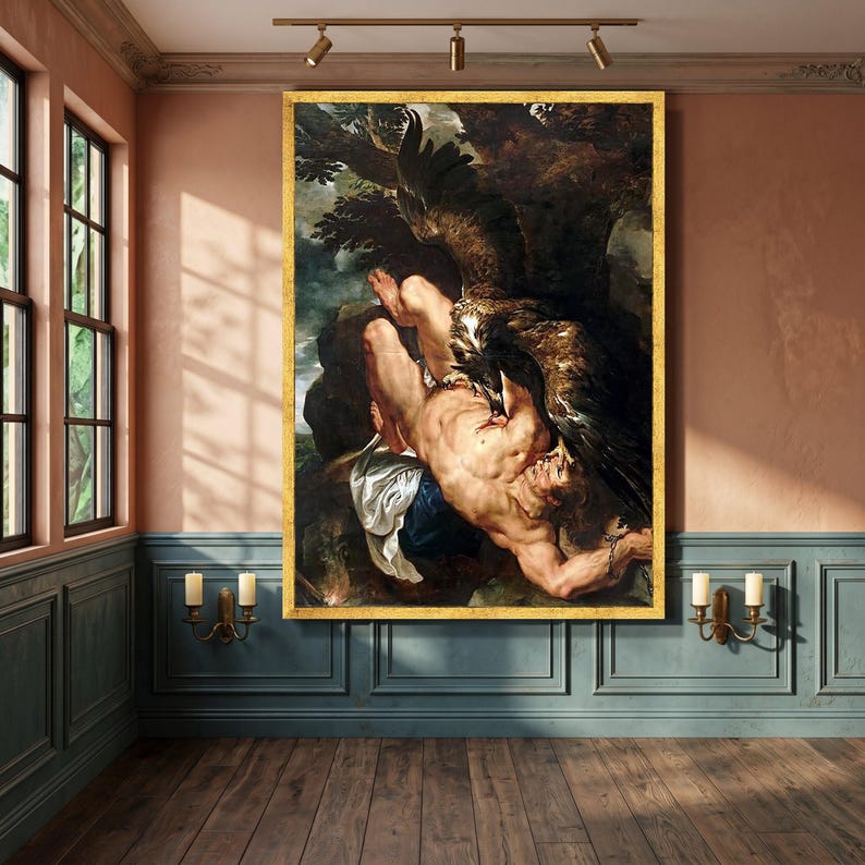 Dramatic Mythological Scene Canvas, Prometheus and Eagle Wall Art, Classic Oil Reproduction, Greek Legend Canvas, Heroic Art Decoration image 6
