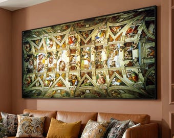 May include: Large framed print of the Sistine Chapel ceiling, featuring detailed Renaissance artwork. The artwork is rich in color, with figures in various poses and scenes. The frame is black, and the print is displayed above a brown leather sofa with decorative pillows.