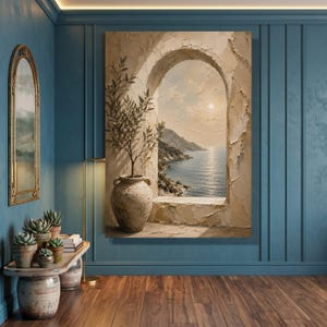 地中海風アーチ窓キャンバス、オリーブの木と海辺の景色、素朴な海の風景画