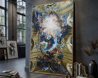 May include: A large framed artwork featuring a detailed ceiling fresco with gold accents, depicting a heavenly scene with figures and clouds. The artwork is displayed in a room with dark walls and large windows.
