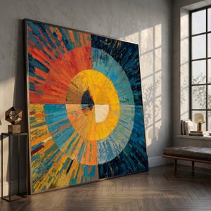 Levendige cirkelvormige abstracte canvas muurkunst, modern geometrisch ontwerp, kleurrijk radiaal patroon, hedendaagse huisdecoratie