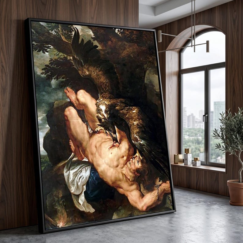 Dramatic Mythological Scene Canvas, Prometheus and Eagle Wall Art, Classic Oil Reproduction, Greek Legend Canvas, Heroic Art Decoration image 5