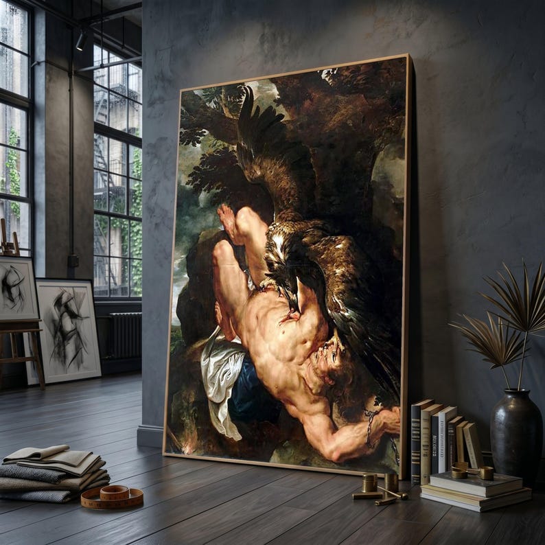 Dramatic Mythological Scene Canvas, Prometheus and Eagle Wall Art, Classic Oil Reproduction, Greek Legend Canvas, Heroic Art Decoration image 1