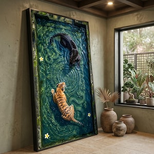 Tiger och svart panter poolcanvas, exotiskt djurliv i djungeln, livfull djurväggkonst
