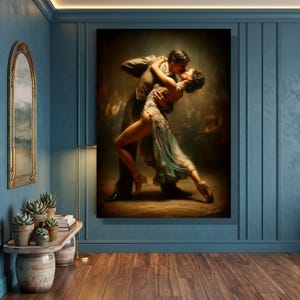 Passionate Tango Dance Pose Canvas, Romantic Ballroom Couple Art, Elegant Dance Floor Scene, Dramatic Lighting Canvas Wall Art