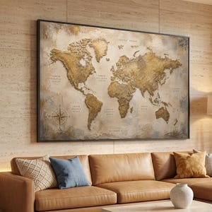 Tela con mappa del mondo in stile vintage, arte murale con geografia terrestre, mappa di viaggio rustica su tela, arredamento globale per la casa, tela pronta per essere appesa