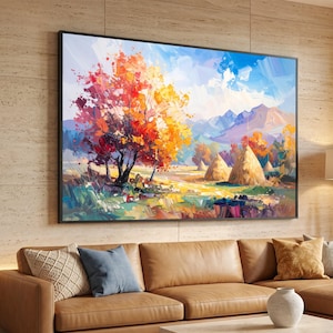Autumn Landscape Canvas Wall Art, Colorful Fall Trees, Haystacks Field, Mountain Scene Canvas, Nature Scenery Wall Decoration