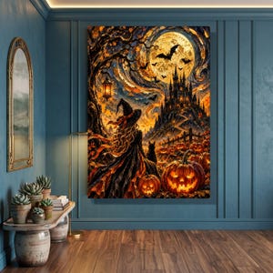 Halloween-häxa, svart katt, fullmåne, väggkonst med pumpafält och spökslott