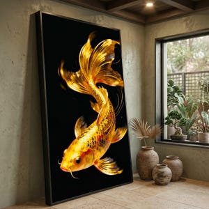 Golden Koi Fish Canvas, Asian Aquatic Wall Art, Elegant Fish Illustration, Vibrant Nature Decor, Ready to Hang Canvas
