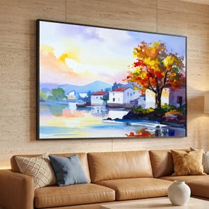 Autumn Lakeside Village Canvas Wall Art, Colorful Tree Reflection, Tranquil Landscape Canvas, Nature Scenery Home Decoration