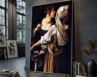 May include: A framed print of a classical painting depicting two women. One woman holds a sword, while the other is draped in a white head covering. The painting features a dark background and warm tones.