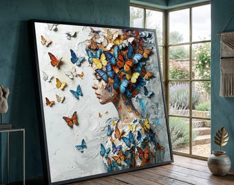 Woman Profile Butterfly Canvas, Abstract Nature Wall Art, Colorful Hair Design (Ready to Hang)