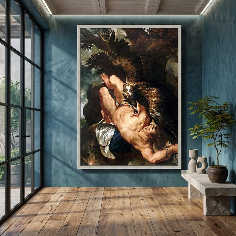 Dramatic Mythological Scene Canvas, Prometheus and Eagle Wall Art, Classic Oil Reproduction, Greek Legend Canvas, Heroic Art Decoration image 4