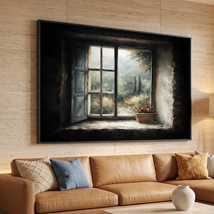 Lienzo rústico con ventana abierta, vista a un jardín campestre, decoración floral en maceta, lienzo con paisaje natural, arte de pared acogedor para el hogar.