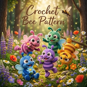 May include: A colourful image showing five crocheted bees in a flower meadow. The bees are in pink, green, blue, purple, and yellow, holding flowers and smiling. The text "Crochet Bee Pattern" is displayed above the bees.