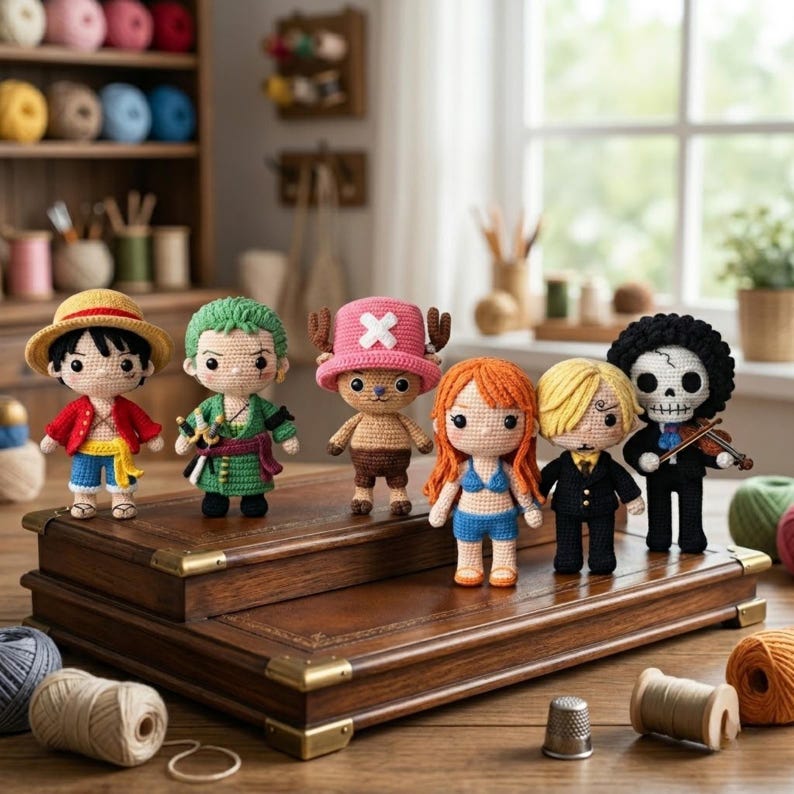 Pode incluir: Uma cole&ccedil;&atilde;o de seis bonecos de personagens de croch&ecirc;, cada um com caracter&iacute;sticas e roupas distintas. Os bonecos s&atilde;o exibidos em uma superf&iacute;cie de madeira com cantos de lat&atilde;o. Os personagens incluem um pirata, um espadachim, uma rena, uma mulher de biqu&iacute;ni, um chef e um esqueleto.