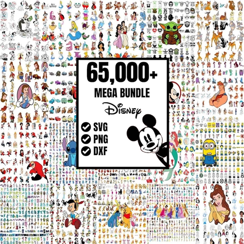 May include: A collection of Disney character illustrations, including Mickey Mouse, princesses, and other animated figures. The image features the text "65,000+ MEGA BUNDLE Disney" with SVG, PNG, and DXF file format options.
