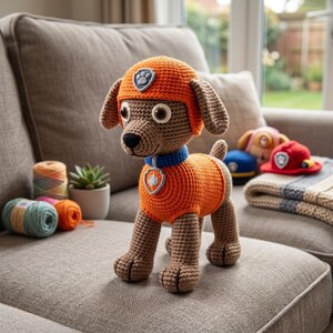 K&ouml;nnte beinhalten: Ein braunes geh&auml;keltes Hunde-Spielzeug mit orangefarbenem Hut und Weste sowie blauem Halsband. Hut und Weste sind mit einem grau-wei&szlig;en Schild-Emblem mit Pfotenabdruck versehen. Der Hund hat gro&szlig;e braune Augen und eine schwarze Nase.