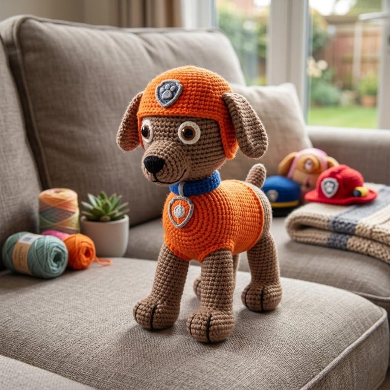 K&ouml;nnte beinhalten: Ein braunes geh&auml;keltes Hunde-Spielzeug mit orangefarbenem Hut und Weste sowie blauem Halsband. Hut und Weste sind mit einem grau-wei&szlig;en Schild-Emblem mit Pfotenabdruck versehen. Der Hund hat gro&szlig;e braune Augen und eine schwarze Nase.