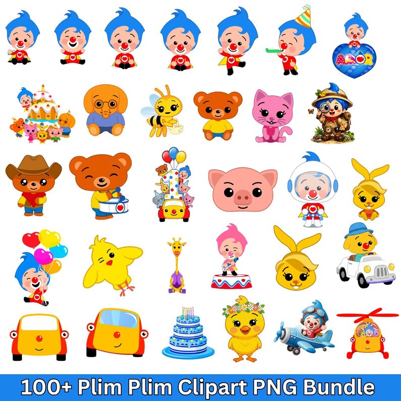 K&ouml;nnte beinhalten: Eine Sammlung farbenfroher Cartoon-Clipart-Bilder mit verschiedenen Charakteren, darunter Clowns, Tiere und Fahrzeuge. Die Bilder sind in verschiedenen Posen und Stilen gehalten, mit leuchtenden Farben und verspielten Designs. Der Text unten lautet "100+ Plim Plim Clipart PNG Bundle."
