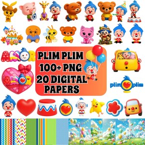 Pode incluir: Uma coleção de gráficos digitais coloridos com personagens de desenhos animados, incluindo palhaços e animais, e elementos decorativos. A imagem inclui o texto "PLIM PLIM 100+ PNG 20 DIGITAL PAPERS".