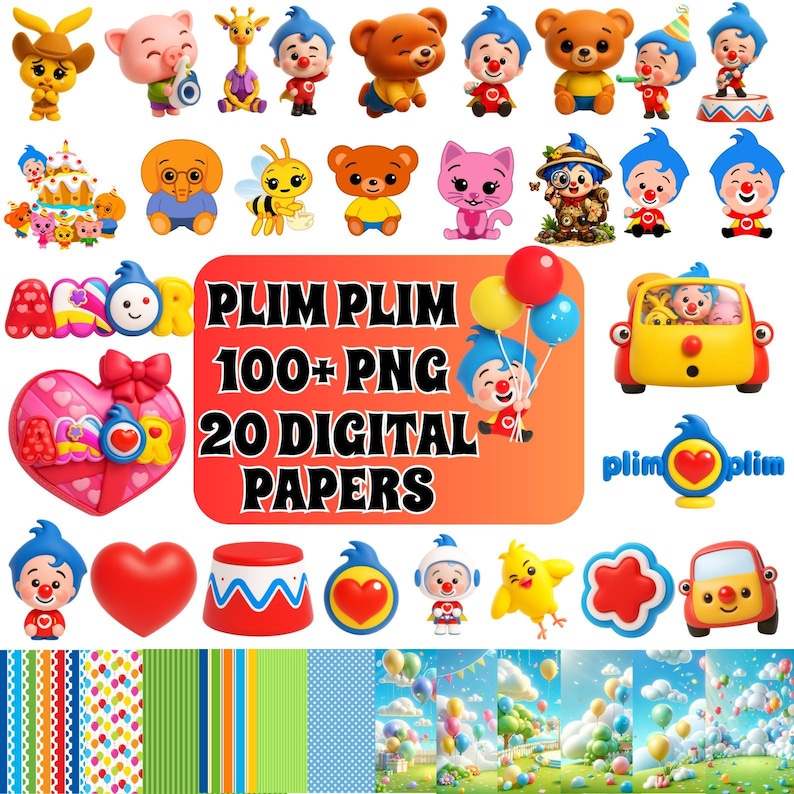 K&ouml;nnte beinhalten: Eine Sammlung farbenfroher digitaler Grafiken mit Cartoon-Charakteren, darunter Clowns und Tiere, sowie dekorative Elemente. Der Text "PLIM PLIM 100+ PNG 20 DIGITAL PAPERS" ist enthalten.