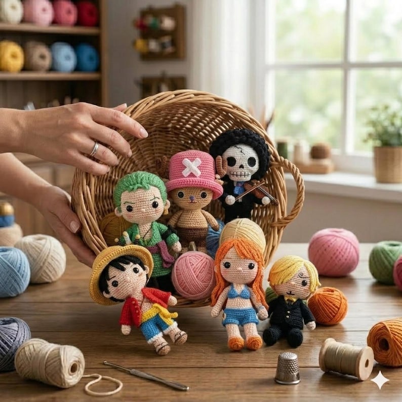 Pode incluir: Uma cole&ccedil;&atilde;o de bonecas de croch&ecirc; feitas &agrave; m&atilde;o, incluindo personagens com chap&eacute;us verdes, rosa e amarelos, e um esqueleto com um violino. As bonecas est&atilde;o dispostas sobre uma mesa de madeira com fios e uma cesta.