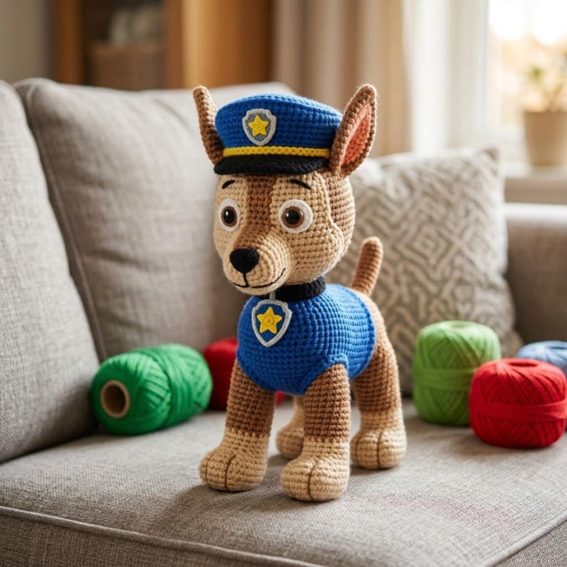 K&ouml;nnte beinhalten: Ein geh&auml;keltes Stofftier in Form eines Polizeihundes mit beigefarbenem Garnk&ouml;rper, einer blauen Polizeim&uuml;tze mit gelbem Sternemblem und einer blauen Weste mit passendem gelben Sternabzeichen. Die Figur hat gro&szlig;e braune Augen und eine schwarze Nase.